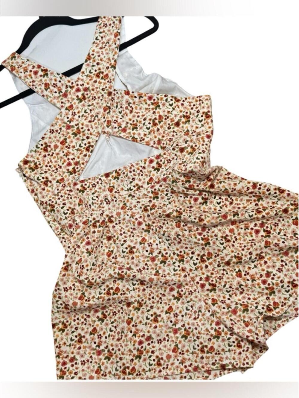 Floral V-Neck romper — Cream with Red Floral Print cross back